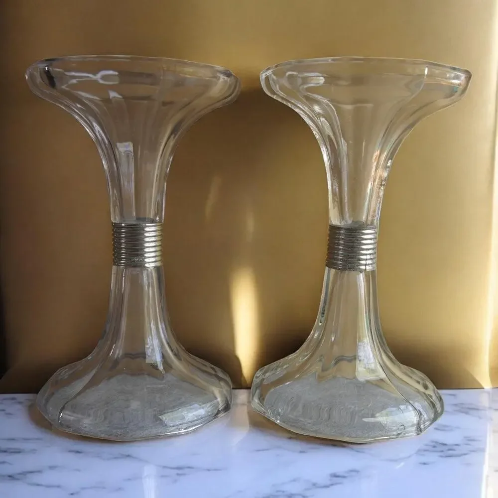 Pair Clear Glass Trumpet Candle Holders Silver Band Flared Pillar Votive